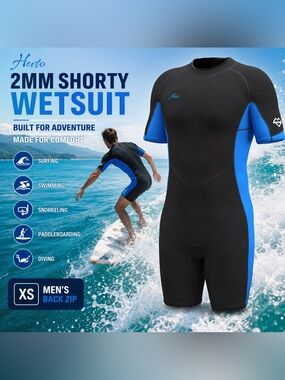 Hevto 2mm Mens Shorty Wetsuit XS Blue/Black Neoprene Back Zip Surf Swim Dive NWT